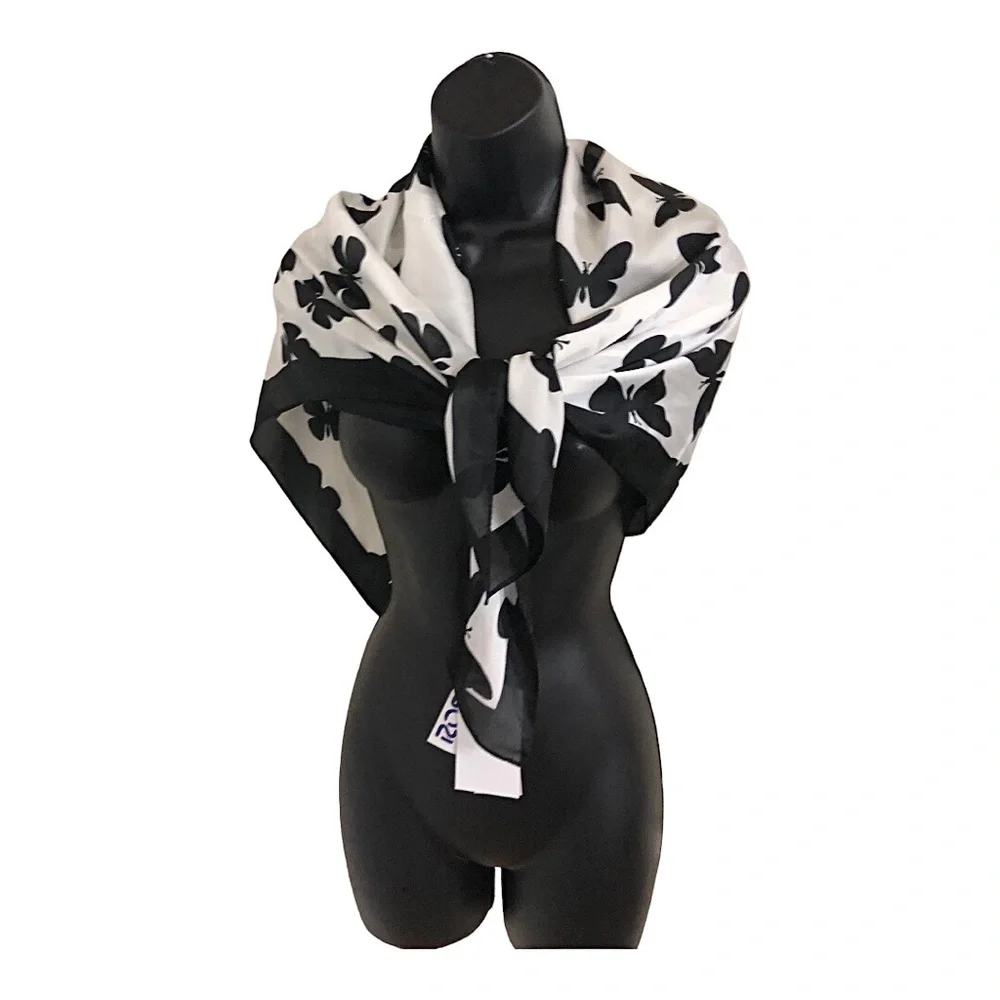 Juicy Couture black & white butterfly‎ print scarf wrap shawl ~35.5”x35.5 new